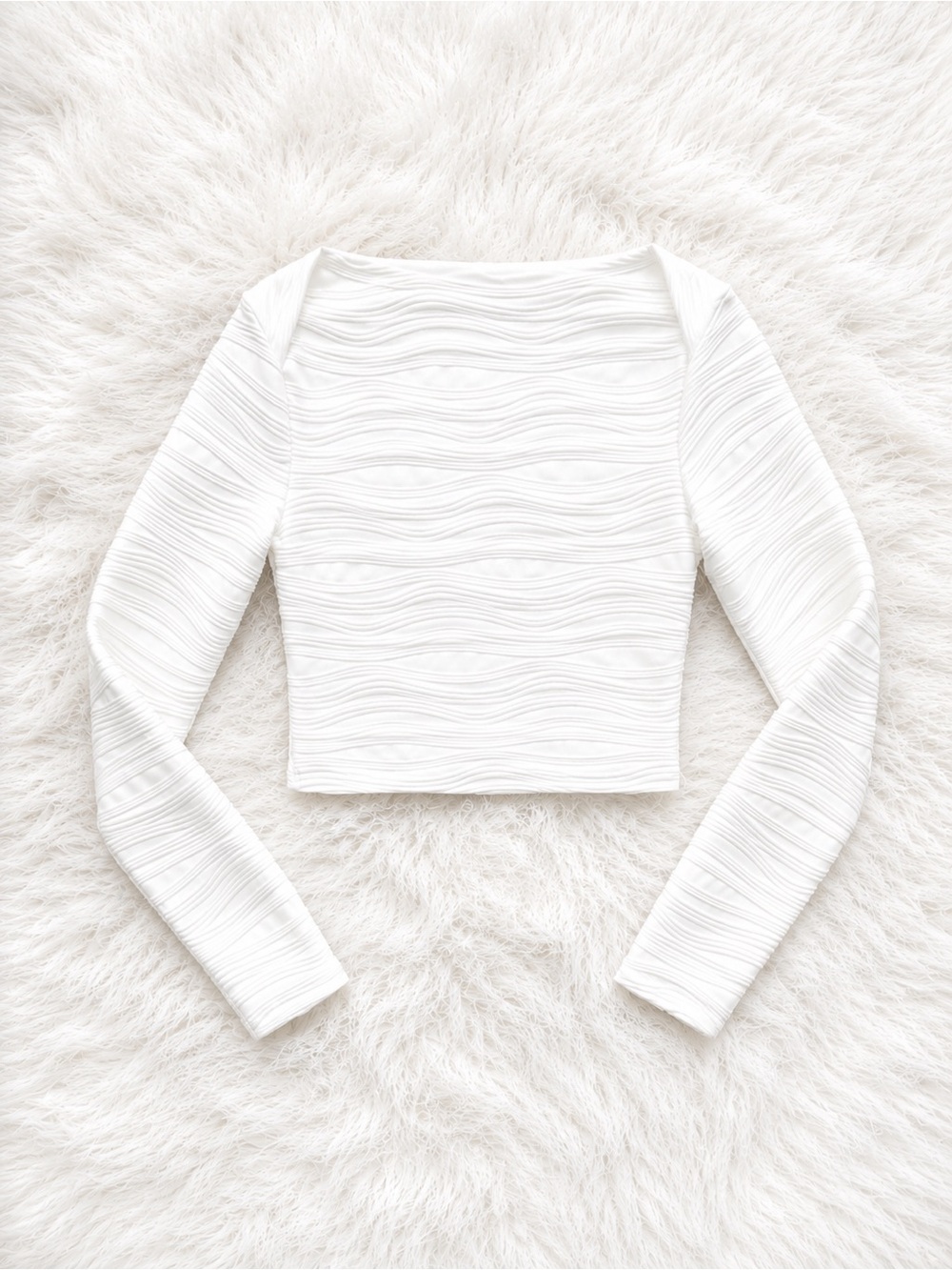 KIRUNDO White Textured Cropped Top Small | Y2K Chic Minimalist Long Sleeveless